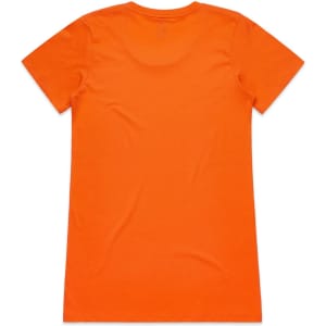 An orange t-shirt with short sleeves and a plain back. Features a branding logo.