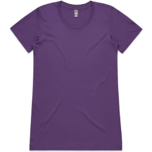 A purple T-shirt with a round neckline and short sleeves. The shirt features a logo.