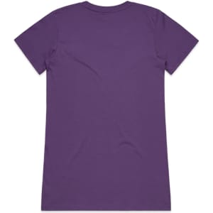 A purple t-shirt with a plain back, featuring a logo on the back.