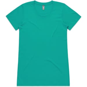 A teal women's t-shirt with a round neckline and short sleeves. It features a small logo on the label.