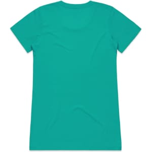A teal T-shirt featuring a plain design on the back, with a logo at the neck.