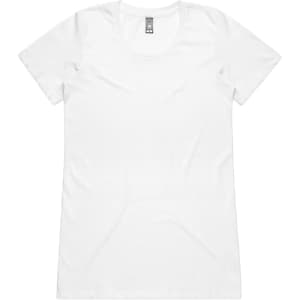 A plain white women's work t-shirt with a round neckline, featuring a branding logo.