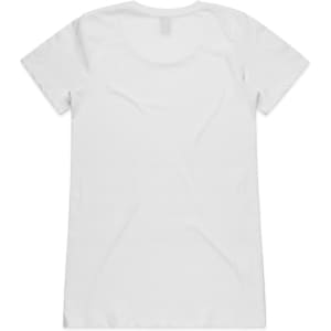 A plain white T-shirt with a crew neck and short sleeves, featuring a logo on the back.
