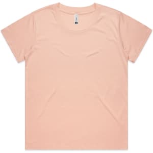 A pink T-shirt with a crew neckline and short sleeves, featuring a label and no visible graphics.