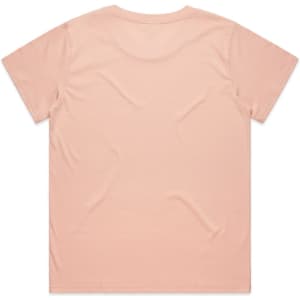 A plain peach T-shirt with a crew neck and short sleeves, featuring a logo on the back.