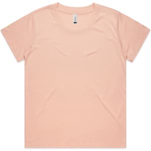 A light pink t-shirt with a classic crew neck and short sleeves, featuring a logo on the tag.