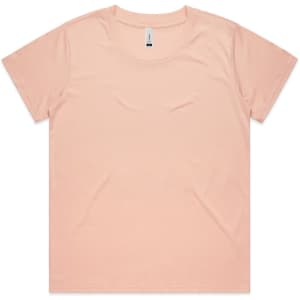 A peach-coloured T-shirt with a round neckline, short sleeves, and a branding tag.