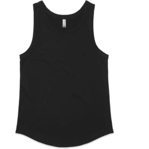 A black singlet with a rounded hem and a simple design. Features a branding logo on the label.