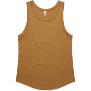A mustard yellow singlet featuring a rounded hem and a plain design. It has a branding logo on the label.