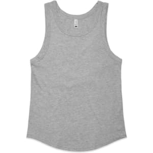 A grey singlet with a rounded hem and a logo. It features wide armholes and a relaxed fit.