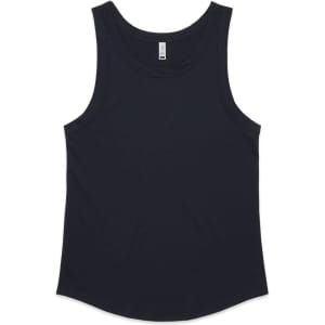 A dark navy singlet with a rounded hem and wide armholes, featuring a logo on the label.