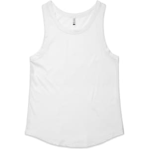 A white singlet shirt with a rounded hem and a tag inside, featuring a logo.