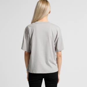 A light grey t-shirt with short sleeves, featuring a branding logo on the back.