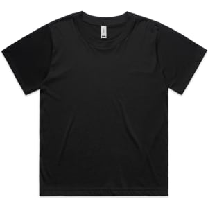 A black t-shirt with a classic crew neckline and short sleeves. It features a logo on the tag.