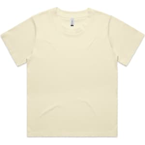 A yellow short-sleeved t-shirt with a round neckline, featuring a plain design and a branding label.