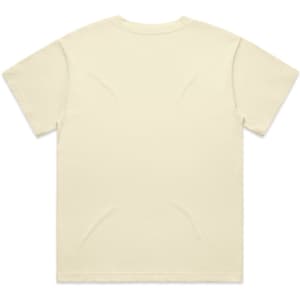 A plain, light yellow t-shirt displayed flat, with short sleeves and no visible design on the back. It features a logo.