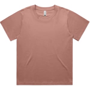 A plain, short-sleeved t-shirt in a soft pink shade, featuring a label and a simple design with no graphics.