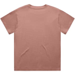 A plain, short-sleeved T-shirt in a muted terracotta colour, featuring a simple design and a branding logo.