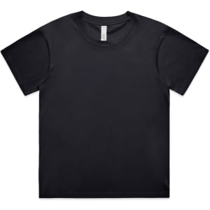 A black t-shirt with a round neck and short sleeves, featuring a logo on the label.