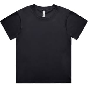 A black t-shirt with a crew neckline, featuring a label inside and a plain design. It has a branding logo.