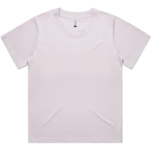 A light pink t-shirt with a round neckline and short sleeves, featuring a logo on the label.