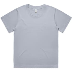 A light grey t-shirt with short sleeves and a round neckline, featuring a branded label at the neck.