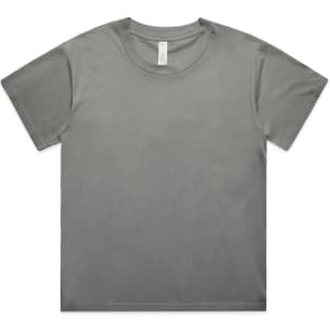 A grey T-shirt featuring a round neckline and short sleeves. The shirt includes a label inside and has a plain design.