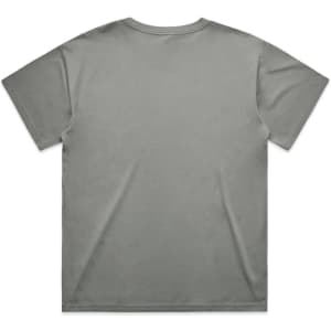 A grey T-shirt with a plain back and short sleeves. The fabric appears soft and smooth. It features a logo.