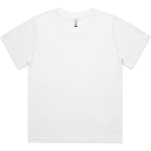 A white t-shirt with short sleeves, featuring a branded label on the neckline.
