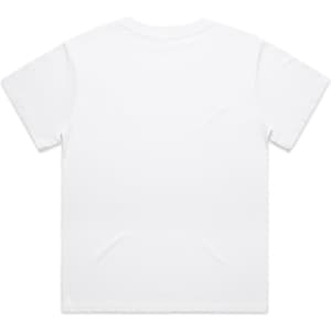 A plain white T-shirt with a back view, featuring a smooth fabric texture and a simple design.