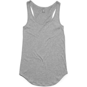 A grey racerback tank top with a rounded hem and a small logo.