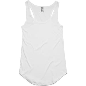 A white racerback tank top with a rounded hem and shoulder straps. It features a logo at the neck.