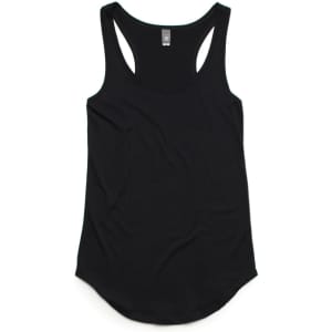 A black racerback tank top featuring a curved hem and logo branding.