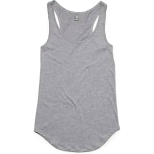 A grey racerback tank top with a rounded hem and a logo on the label.