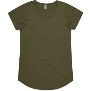 An olive green t-shirt with short sleeves and a round neckline, featuring a label and a logo.