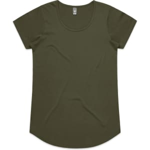 An olive green T-shirt with a scoop neck and short sleeves, featuring a logo on the label.