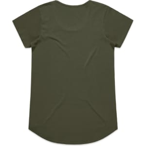 An olive green T-shirt with short sleeves and a rounded hem, featuring a logo on the back.