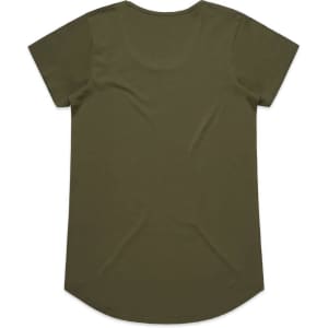 An olive green t-shirt with a rounded hem and short sleeves. The back view features a simple design and logo.