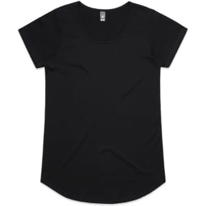 A black t-shirt with short sleeves and a rounded hem, featuring a label at the neckline.