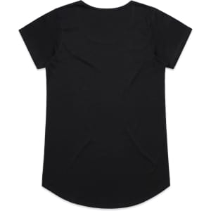 A black t-shirt with short sleeves and a rounded hem, featuring a logo.