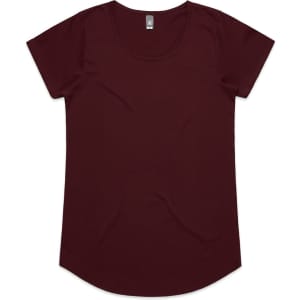A burgundy short-sleeve T-shirt with a rounded neckline and a logo on the label.