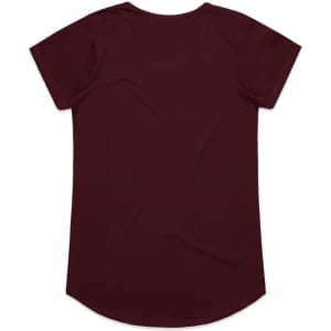 A maroon t-shirt featuring a rounded hem and short sleeves. It has a logo on the back.