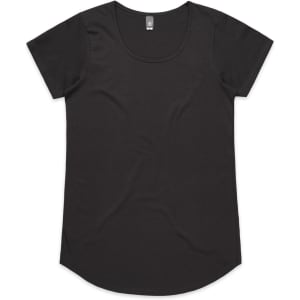 A black T-shirt with a rounded neckline and short sleeves. It features a basic design and has a brand logo.