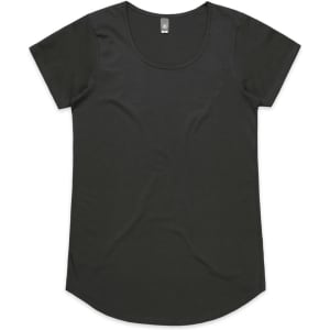 A black t-shirt with short sleeves and a rounded neckline, featuring a subtle branding logo.