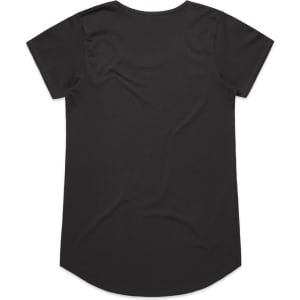 A black t-shirt with short sleeves and a curved hem, featuring a logo on the back.