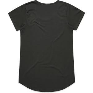 A black t-shirt with short sleeves and a rounded hem, featuring minimal design and a branding logo.
