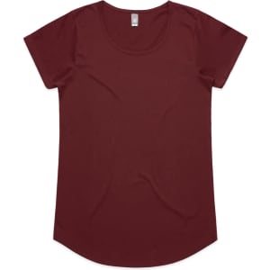 A maroon women's t-shirt with a scoop neckline and short sleeves, featuring a logo on the label.