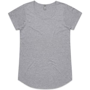 A grey T-shirt with a rounded neckline and short sleeves, featuring a logo on the label.