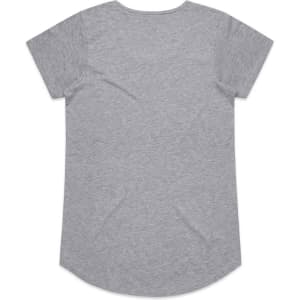 A grey t-shirt with short sleeves, featuring a rounded hem and no visible design elements on the back.
