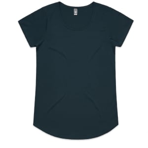 A dark teal women's t-shirt with short sleeves and a rounded hem, featuring a label.